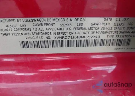 2008 Volkswagen Jetta Se/Sel from USA, damaged, VIN 3VWRZ71K48M075943